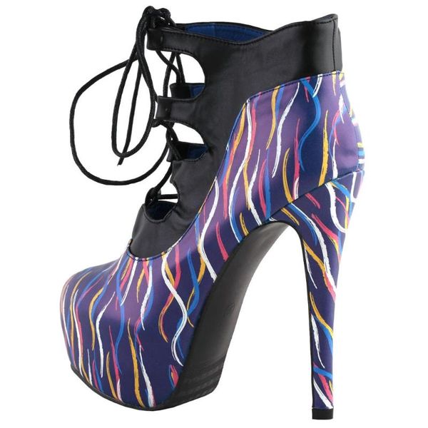 

dress shoes lf80886 show story retro multicoloured curve print lace-up platform stiletto high heels ankle boot bootie, Black