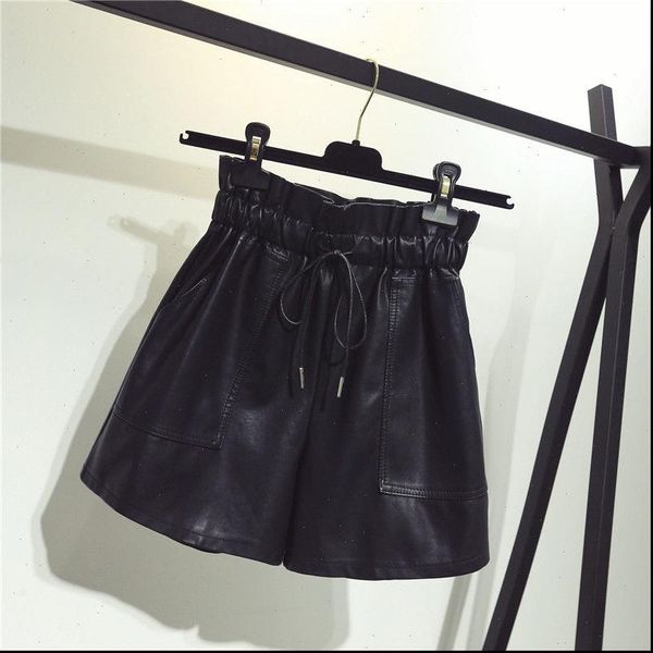 

new high waist shorts women flower bud wide leg leather shorts autumn winter plus size loose high street womens shorts, White;black