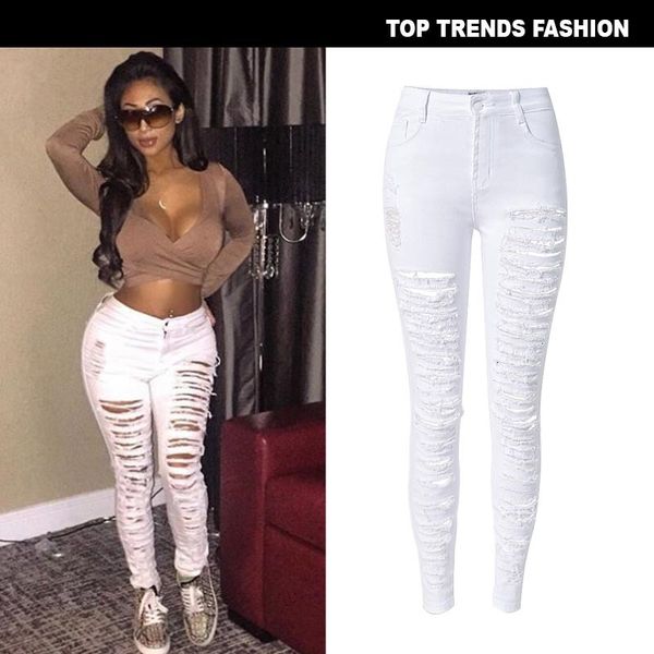 

length torn slim fit elastic high waist denim leggings in large size, Blue