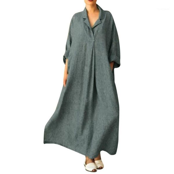 

casual dresses women plus size long sleeve cross v neck maxi dress full length solid color line vestidos verano 2021 #g3, Black;gray
