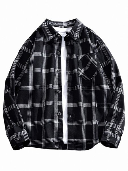 

men pocket patched plaid flannel shirt without n0sn#, White;black