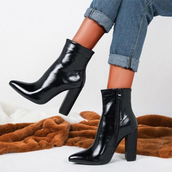 

boots woman patent leather ankle women's zipper high heels women point toe pump female fashion shoe ladies footwear plus size, Black
