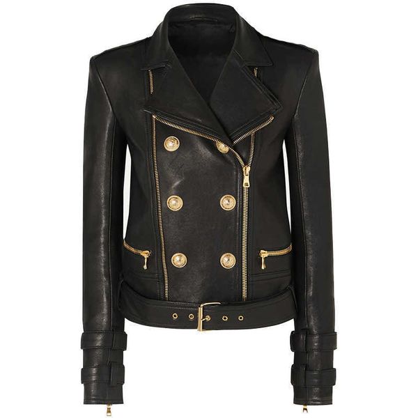 

est designer jacket women's lion buttons faux leather motorcycle biker 210526, Black