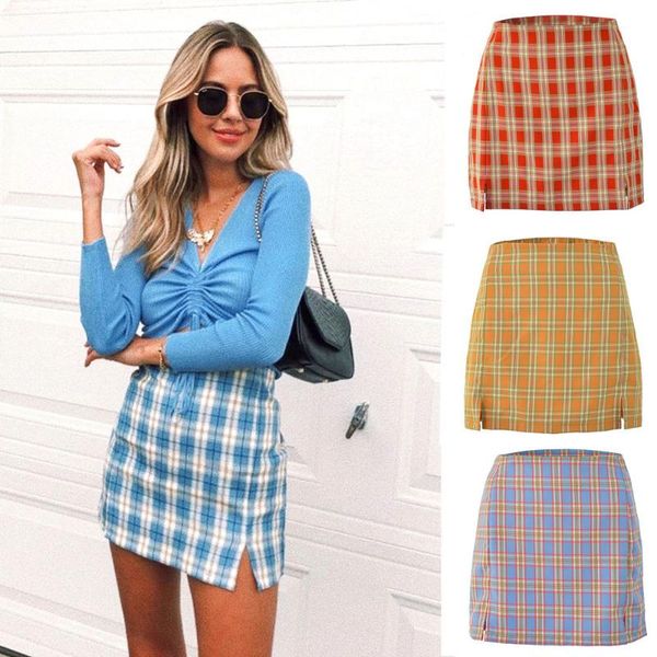 

skirts spring split hip skirt plaid women high waist mini short pencil ladies vintage elastic bodycon harajuku, Black