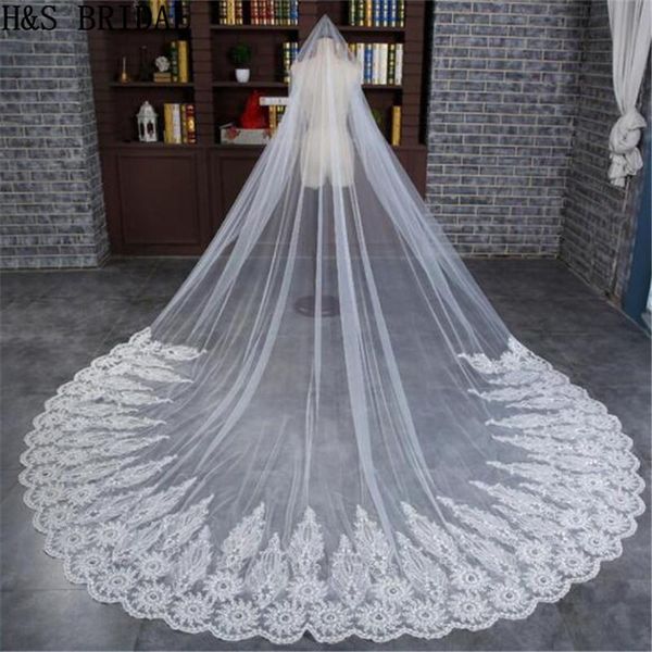 

bridal veils h&s 3 meters ivory cathedral wedding long lace edge veil with comb 2021 accessories, Black