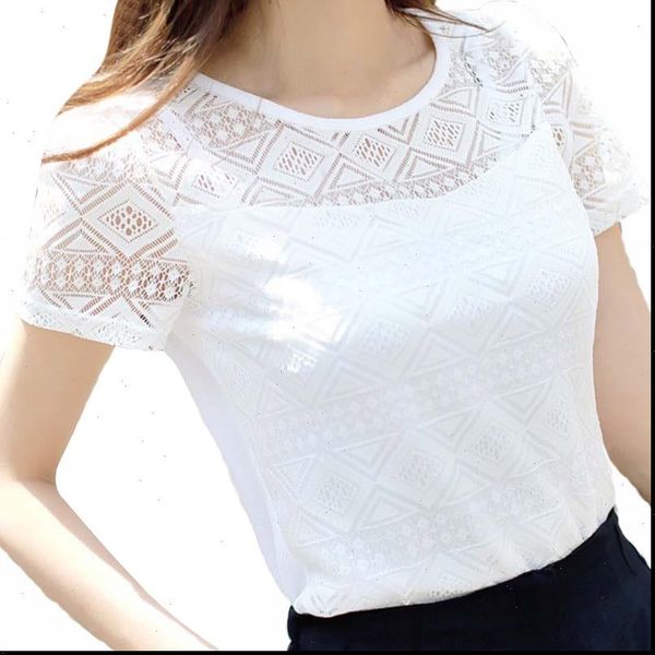 

2021 summer women white elegant lace blouse femme chiffon shirts short sleeve blusas feminina hollow out blouses