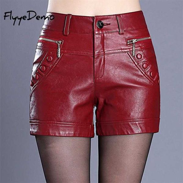 

4xl korean pu faux leather shorts women autumn spring mid waist wide leg short ladies plus size black red short femme 210311, White;black