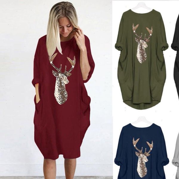 

plus size dress womens casual loose dress ladies o neck long pocket christmas dress autumn winter ladies 45, Black;gray