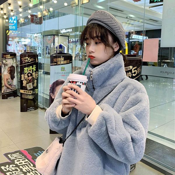 

women's fur & faux 2021 lazy sweater loose pullover wear wool coat, thickened damp plush coat in autumn and winter, Black