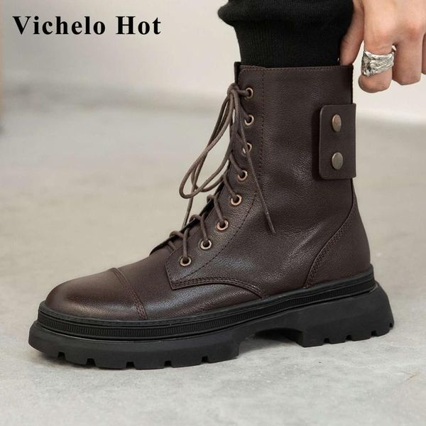 

boots vichelo 2021 est gladiator vintage cow leather round toe med heel riding winter keep warm leisure ankle l1f5, Black