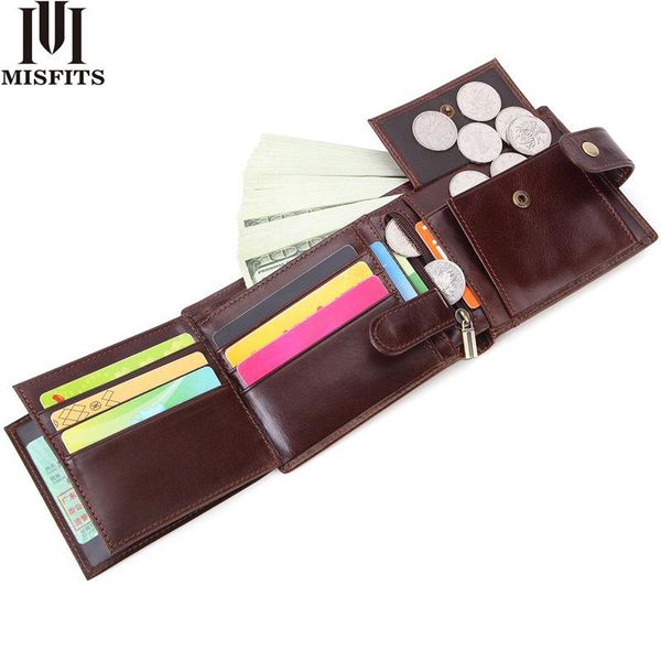 

misfits genuine leather wallet men with coin pocket vintage short purse for male carteira masculina card holder zipper money bag, Red;black
