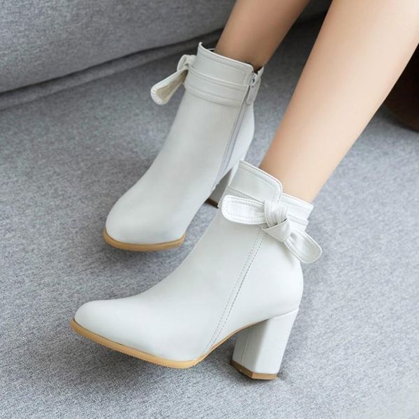 

boots big size 1 ma'am coarse heel short pure color bowknot boot barrel high, Black