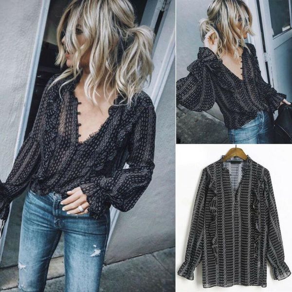 

women's blouses & shirts drop women deep v-neck long sleeve blouse ladies summer casual loose female streetwear l-xxxl, White