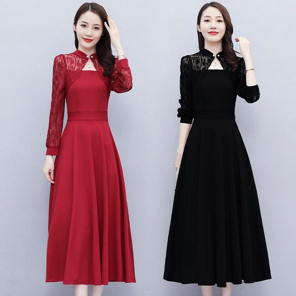 

casual dresses retro cheongsam improved style autumn lace sleeve dress 2021 women's temperament fashion elegant slim qipao with shawl, Black;gray