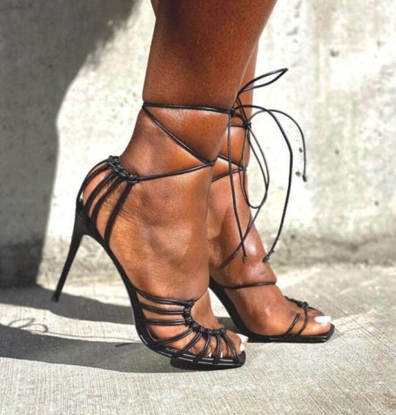 

brand design cross bandage peep toed stiletto high heels woman sandals ladies shoes, Black