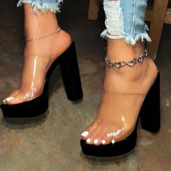 

summer women high heels sandals transparent shoes woman fashion ladies thick platform sandals open toe female shoes 2021, Black