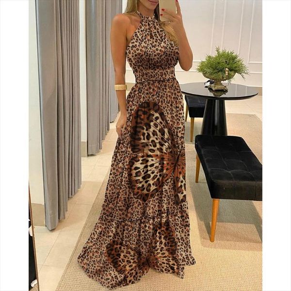 

butterflies leopard beach off shoulder women dress halter backless long sundress high waist party holiday vestidos summer, Black;gray