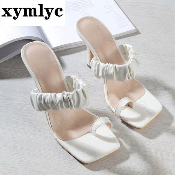 

sandals slippers women pleated mid heel shoes square toe block heels slides female summer ladies white large size 35-42, Black