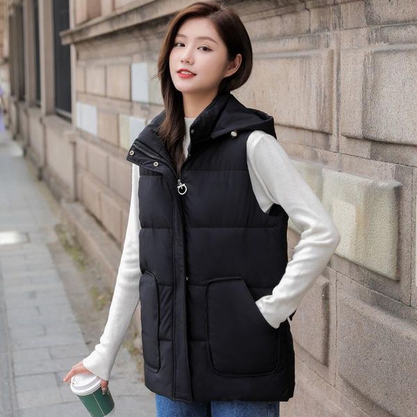 

women's vests autumn and winter casual solid loose vest women warm cotton padded waistcoat female hooded sleeveless jacket c190, Black;white