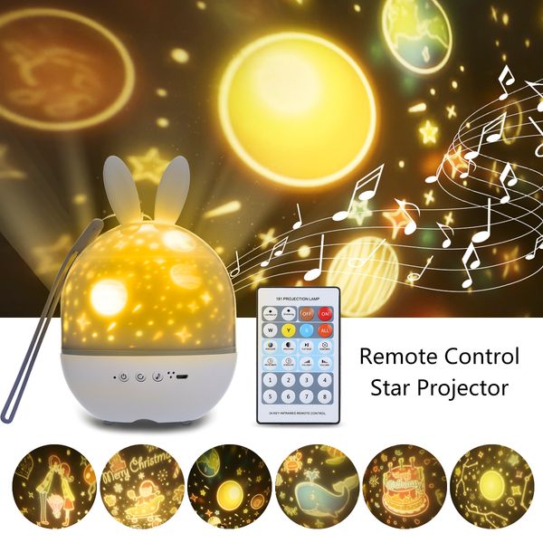 

2021 new night-light projector star with rc can be darkened rabbits 6 films 8 timers usb 360. rotating decorative lights for children party