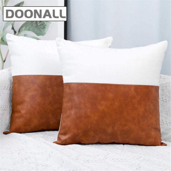 

cushion/decorative pillow half faux leather and cotton pillowcase throw cover - modern boho brown decorative chic cushion cases