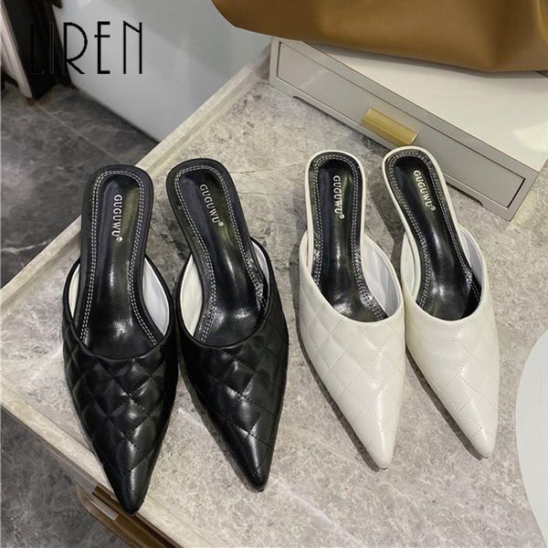 

slippers women pointed toe summer casual mules sewing design 2021 arrivals slip on black/white shoes woman