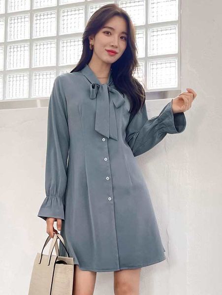 

dazy tie neck flounce sleeve fold pleated dress she, Black;gray