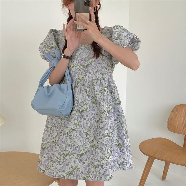 

floral dress for women short puff sleeve clothing summer korean new loose style dresses slash neck knee-length sundress, Black;gray