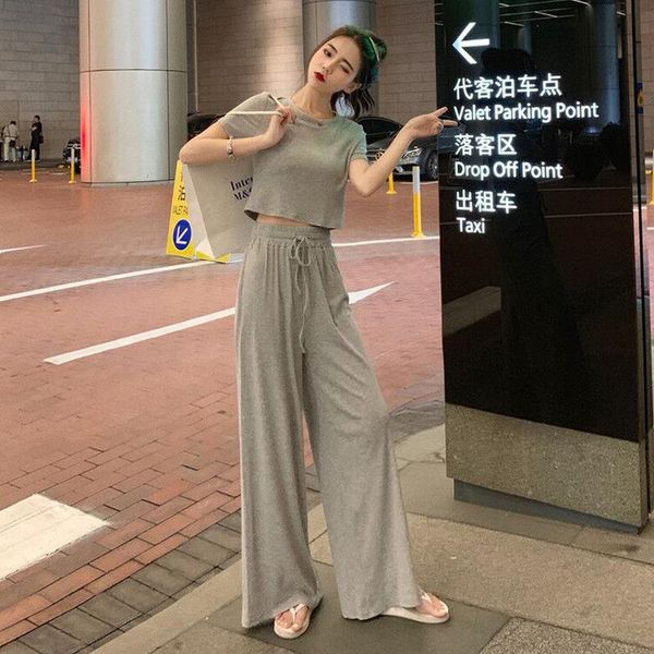 

women's t-shirt temperament two-piece summer fashion korean short-sleeved with waist+high waist and slim wide-leg pants suit women, White