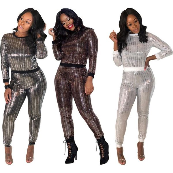 

2021 promotion real o-neck full elastic waist europe and america nightclub female sequins long sleeve multicolor suit, Gray