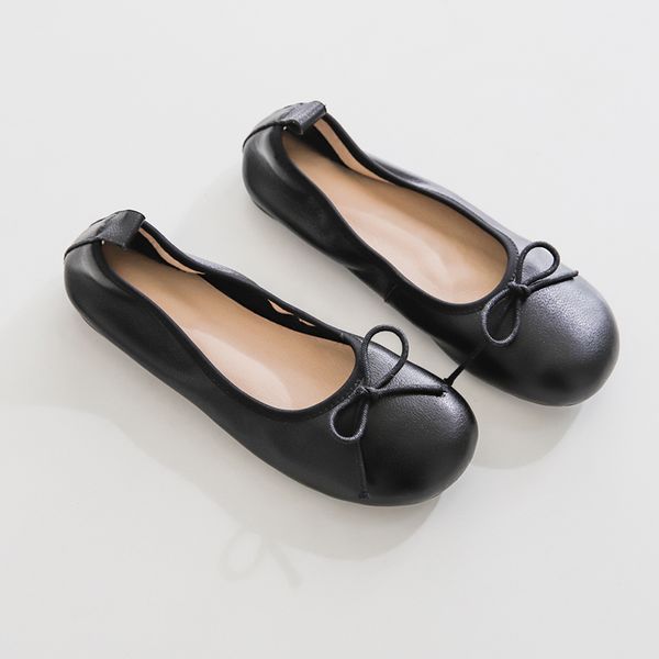 

3 color plus size 33-40 womens genuine leather slip-on ballerians soft comfortable ballet flats bowtie female moccasins shoesdress shoes, Black