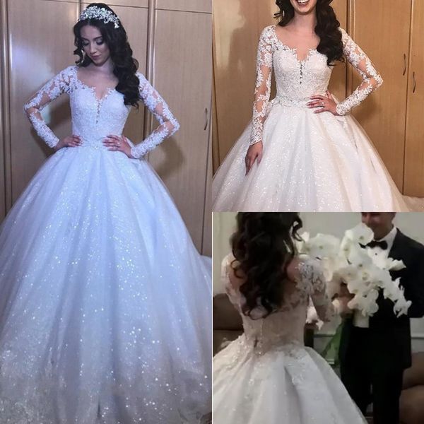 

glittering tulle wedding dresses empire waist princess illusion applique lonmg sleeve sheer jewel a-line bridal gowns wedding dress long, White