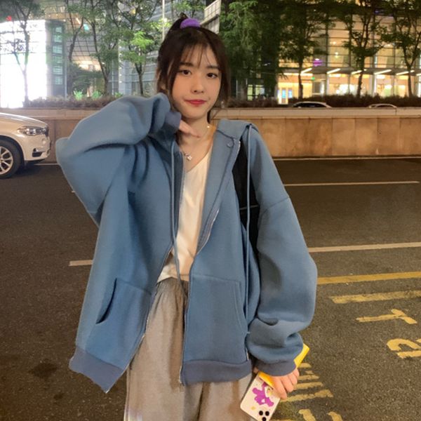 

2021 new spring autumn japan style vintage solid color long sleeve oversized hooded sweatshirt office lady women casual large coats jo3e, Black