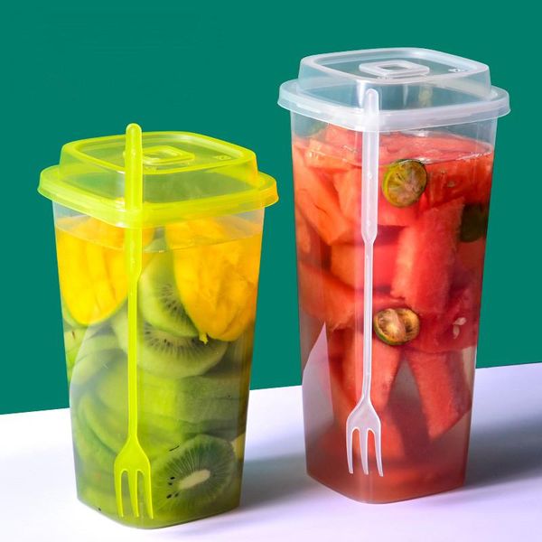 

disposable cups & straws 50 sets net red 700ml square plastic cup milk tea birthday party transparent packaging with lids and fork