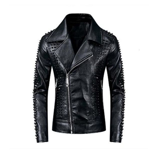 

2021 new fashion men punk style with rivets motorcycle pu faux leather jackets outwear for male black hmrc