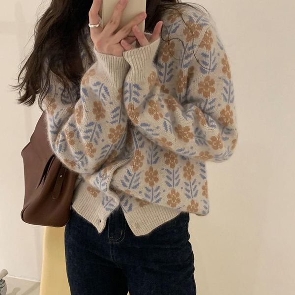 

women's knits & tees retro flower sweater coat women knitted cardigans o neck loose elegant pullover femme casual autumn jacket outwear, White