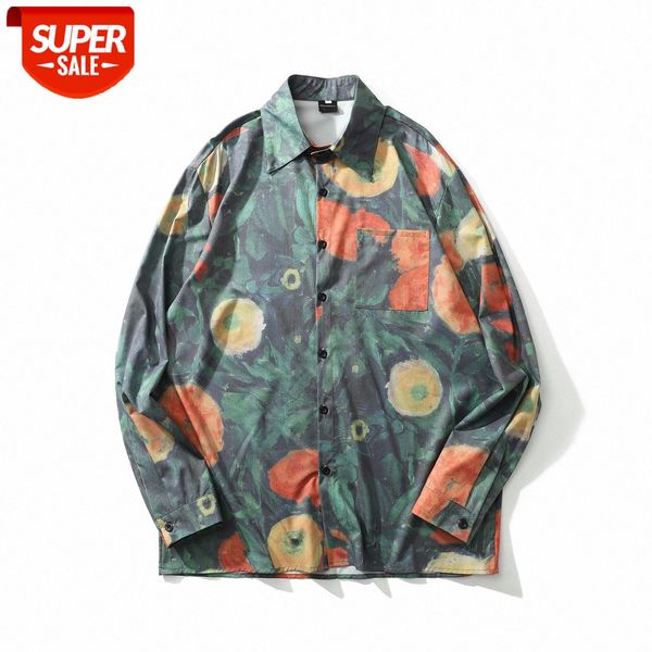 

french flower shirt loose oil painting printing long-sleeved hong kong flavor japanese retro drape lovers hip-hop #mb4k, White;black