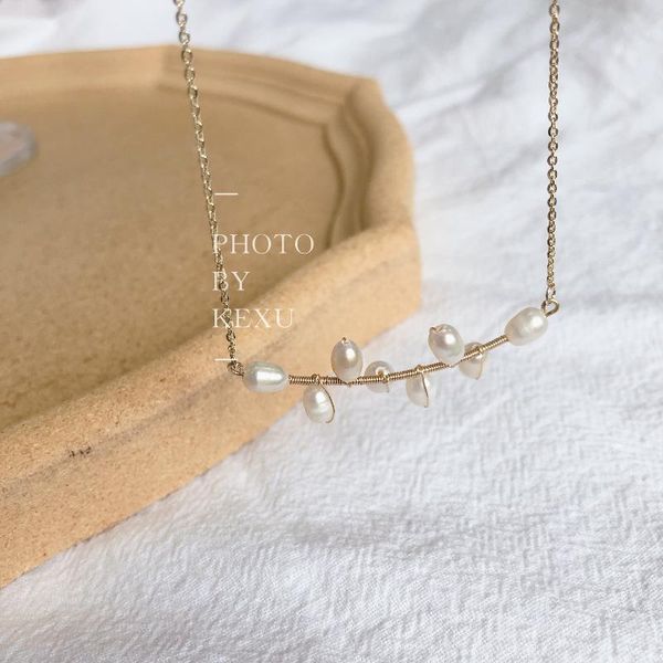 

chains vintage baroque natural freshwater pearl necklace winding gold plated fairy kpop clavicle chain costume jewelry for women 2021, Silver