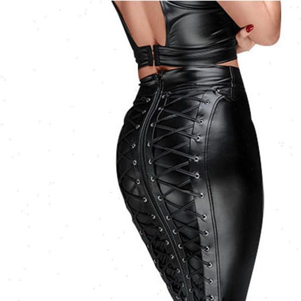 

gothic wet look black faux leather skirt punk back zipper lace up wrap pencil skirt 2021 summer bodycon mini skirts womens