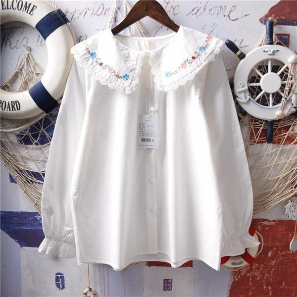 

2021 spring and summer new style mori girl sweet peter polyester pan collar embroidery lace cotton linen long sleeved shirt 1356, White