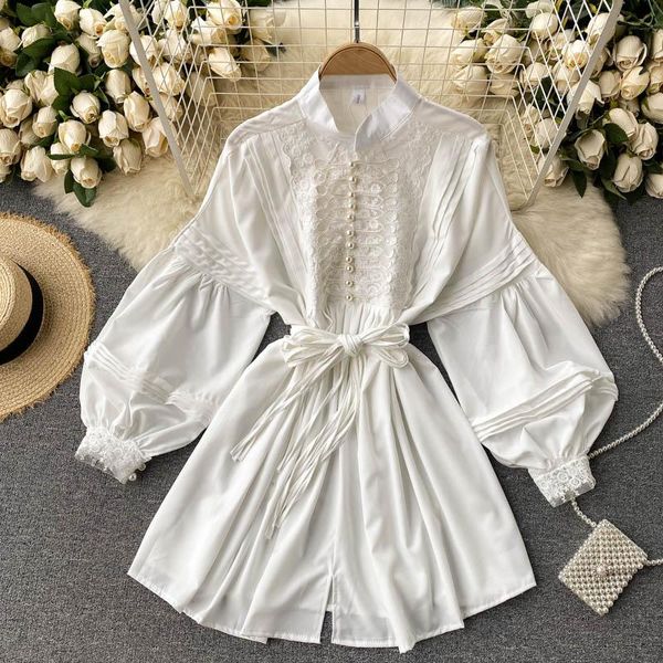 

casual dresses court style stand-up collar pearl button lace dress women retro lantern sleeve loose heavy work pleated mini-dress spring aut, Black;gray