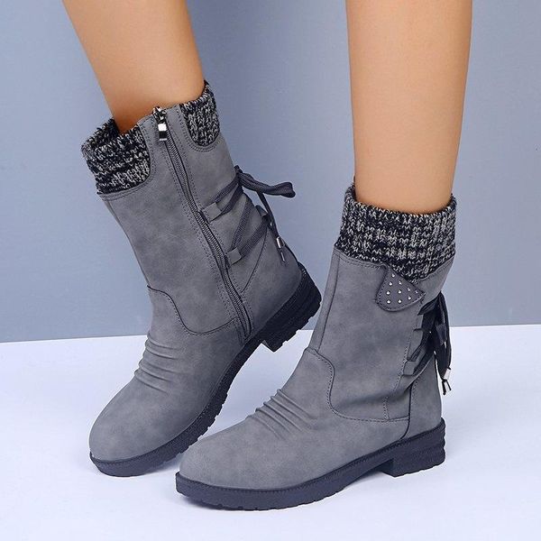 

boots warm suede women autumn winter lace up ladies shoes snow outdoor knitting patchwork female botas de mujer, Black