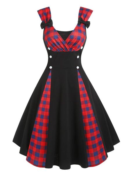 

casual dresses wipalo vintage plaid polka dot bowknot mock button surplice dress a-line sleeveless midi, Black;gray