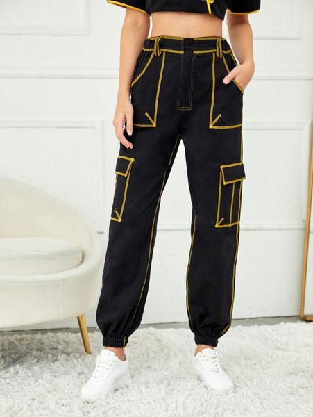 

x tonksia contrast stitch flap pocket cargo pants q1rk#, Black;white