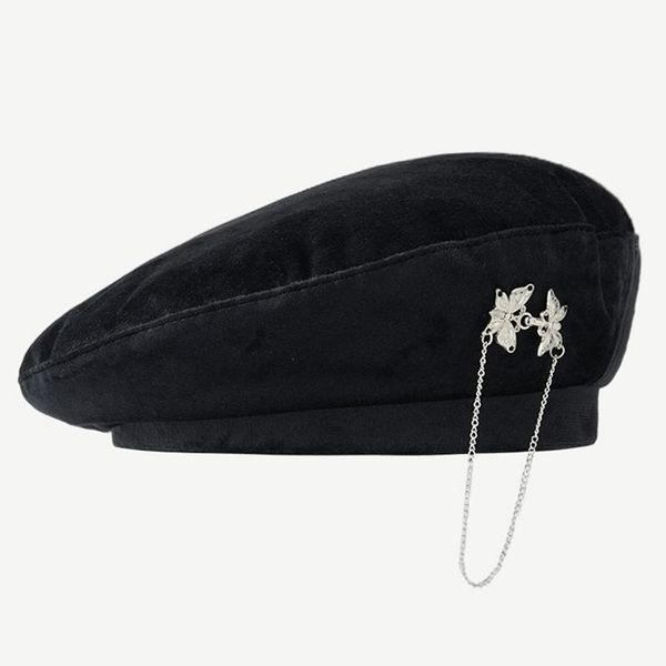 

berets autumn winter luxury butterfly metal chain women shopping take pictures painter hat female retro fashion trendy beret, Blue;gray