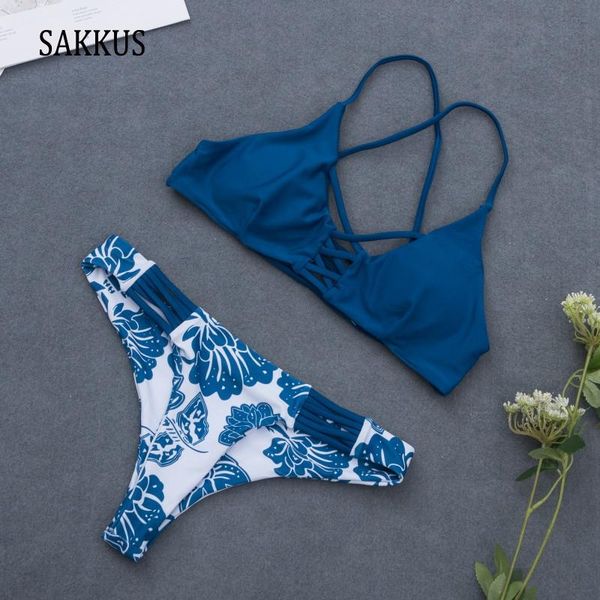 

women's swimwear sakkus 2021 bikini set women backeless push up biquini strapless halter bathing suit print push-up padded bra swimsuit, White;black