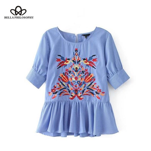 

hstar 2021 autumn blouse shirt women floral embroidery stripe short sleeve shirt female casual trim button, White