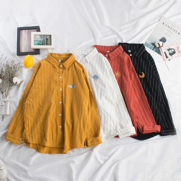 

women shirts kawaii striped blouse moon embroidery ladies blusas cotton casual batwing sleeve linen shirt spring autumn 210225, White