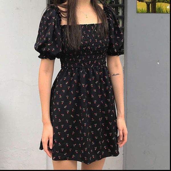 

square collar chiffon floral dress kawai a line vestido boho chic black mini vestidos verano 2021 korean retro cute harajuku, Black;gray