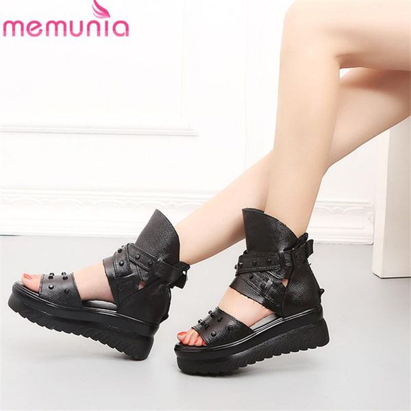 

dress shoes memunia 2021 arrival gladiator sandals women pu rivet buckle zip summer fashion punk wedges platform woman, Black